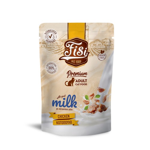 FISI ADULT CAT ΜΕ ΚΟΤΟΠΟΥΛΟ & ΚΑΤΣΙΚΙΣΙΟ ΓΑΛΑ POUCH 85gr