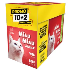 MIAU MIAU Πακέτο Προσφοράς Υγρή Τροφή για Ενήλικες Γάτες, MIAU MIAU, Βοδινό σε Σάλτσα, 12x100γρ