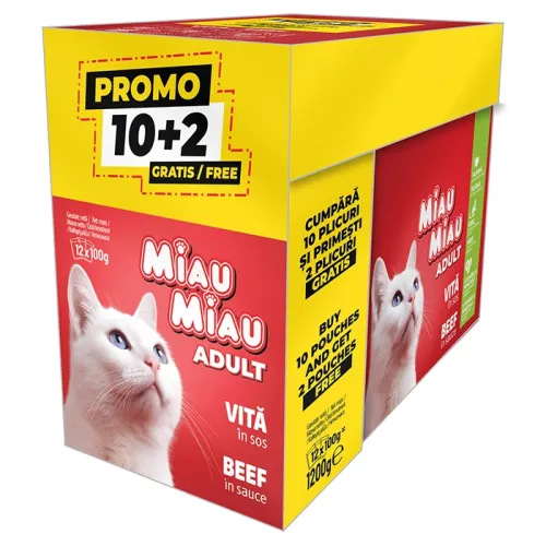 MIAU MIAU Πακέτο Προσφοράς Υγρή Τροφή για Ενήλικες Γάτες, MIAU MIAU, Βοδινό σε Σάλτσα, 12x100γρ